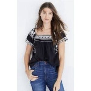 Madewell Embroidered Square-Neck Black Women's Top Size Large